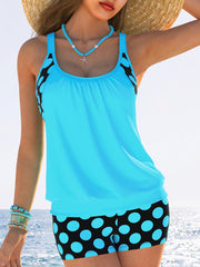 Women's Yellow and Black Polka Dot Tankini Set with Ruching and High-Waisted Shorts