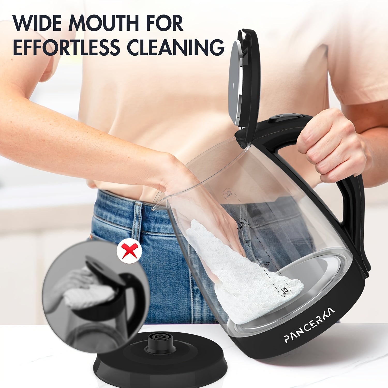 Electric Kettle 1.8L Borosilicate Glass 1500W Auto Shutoff Boil-Dry Protection