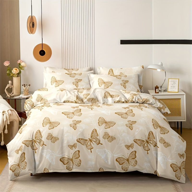 3-Piece Butterfly Print Duvet Cover Set Made of Soft Breathable Polyester All-Season Bedroom Decor