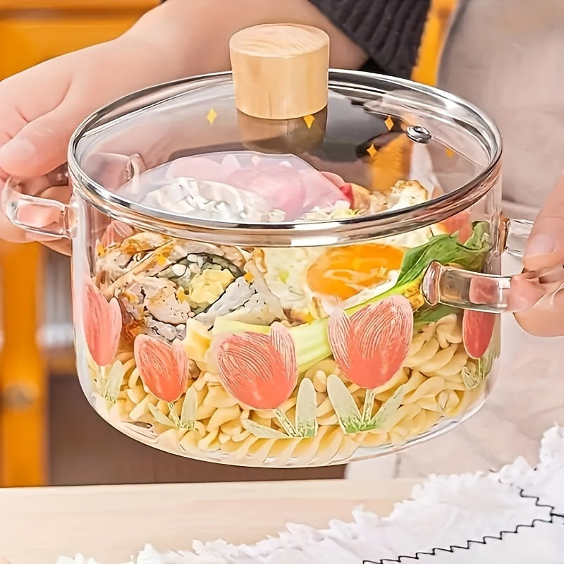 Glass Soup Pot with Tulip Print, Heat-Resistant Pad, 5 Sponge Brushes, Non-Stick, Electric Stove Compatible