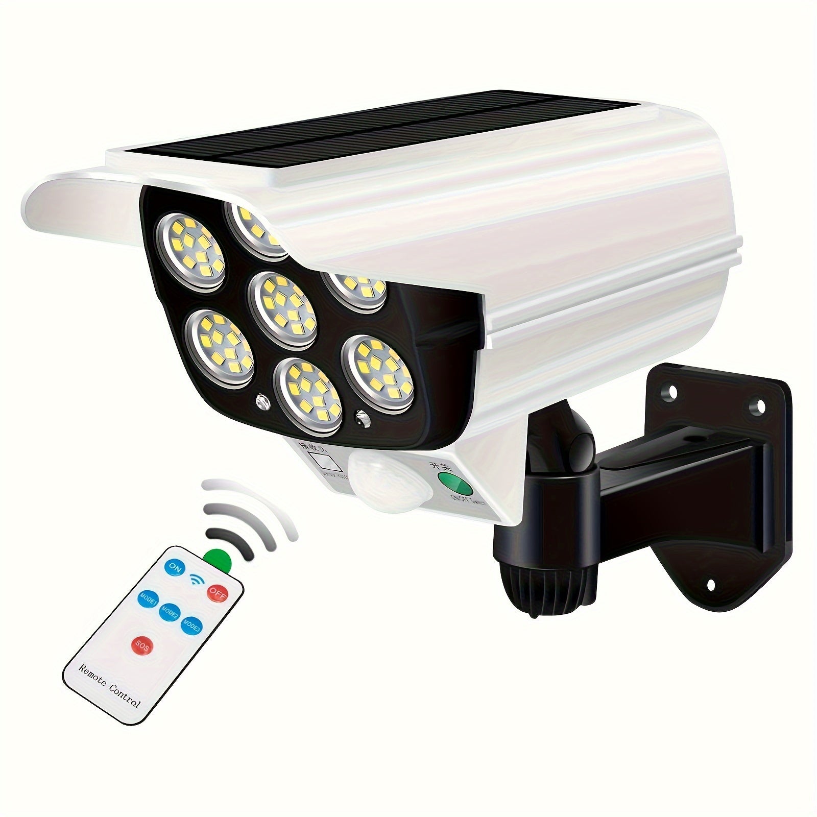 Outdoor Solar Motion Sensor Lights with Remote and Dummy Security Camera 77 LED Floodlights for Garden Porch Driveway