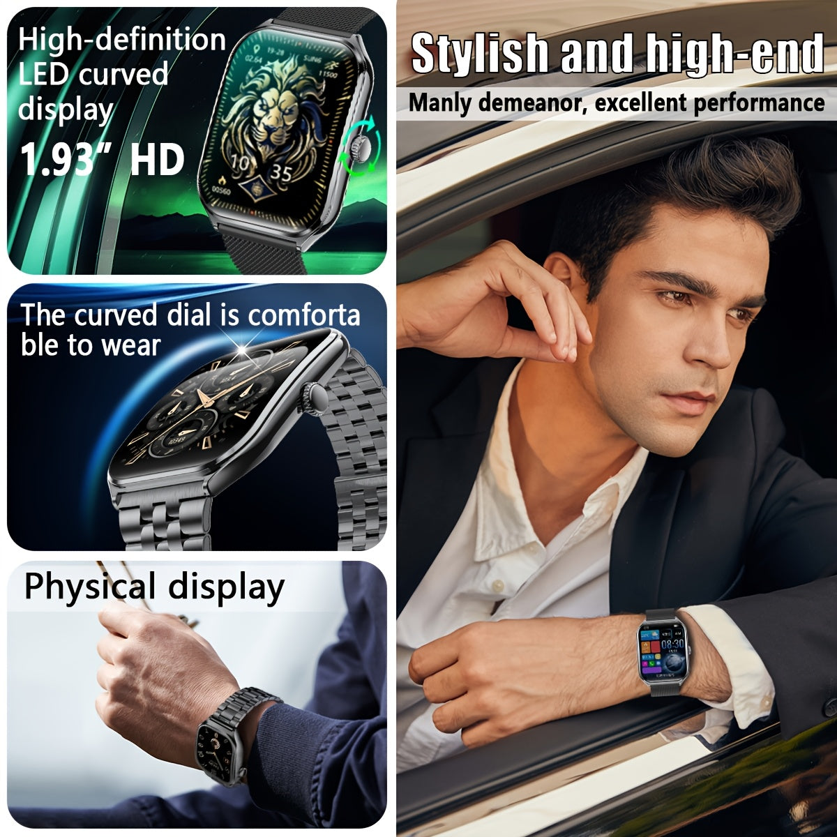 Ultra-Thin Smartwatch with Full Touch Display Dual Screen USB Charging Stainless Steel Case Fitness Tracking Calls Messages Music Control for Android iPhone