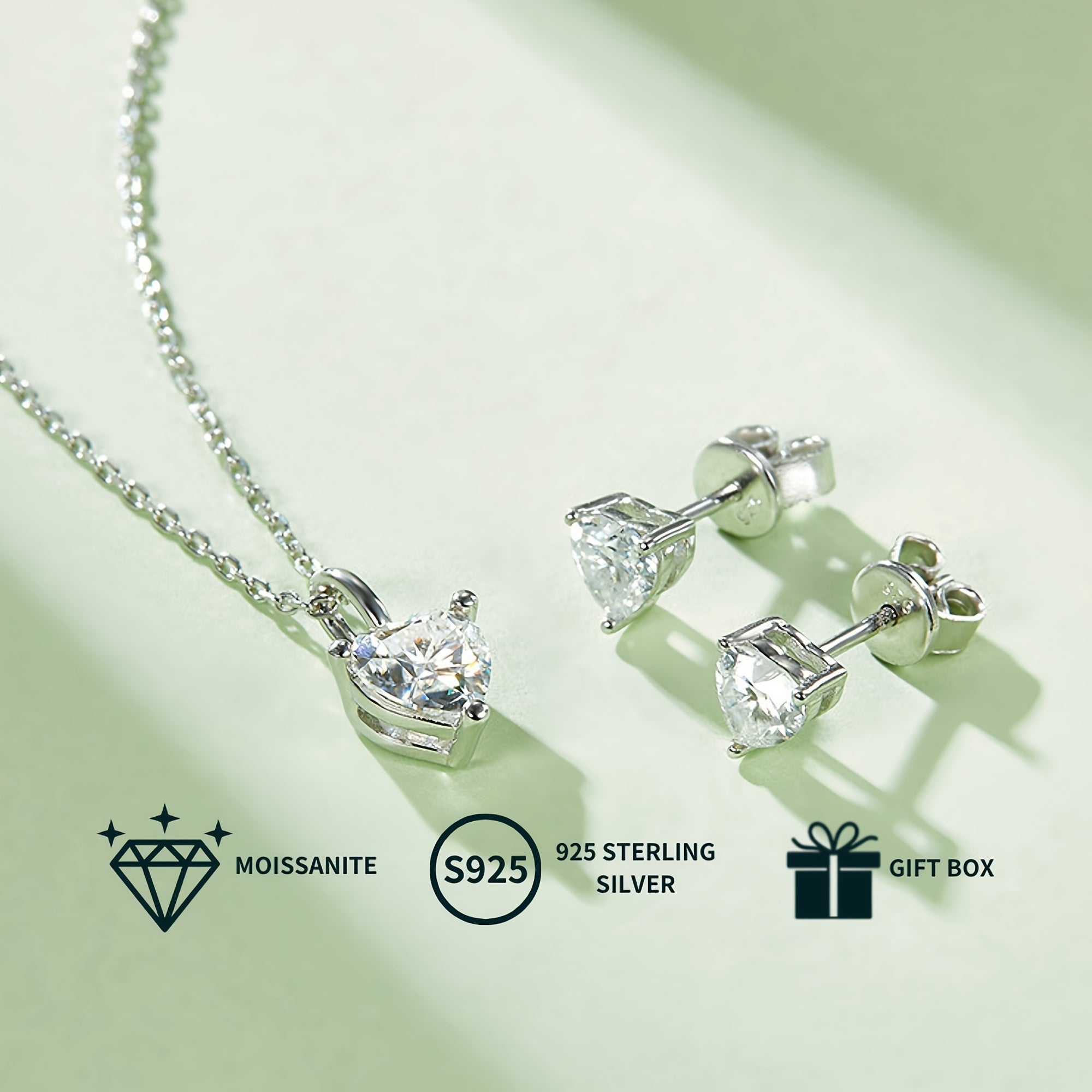 Heart-Shaped Moissanite Jewelry Set Pendant Necklace and Stud Earrings White Gold Plated Silver Gift for Her