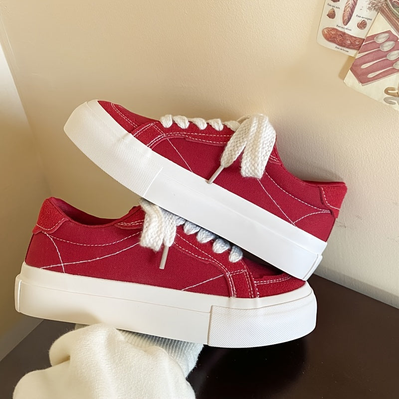 Women's Canvas Sneakers with Thick Retro Soles and Solid Color Design