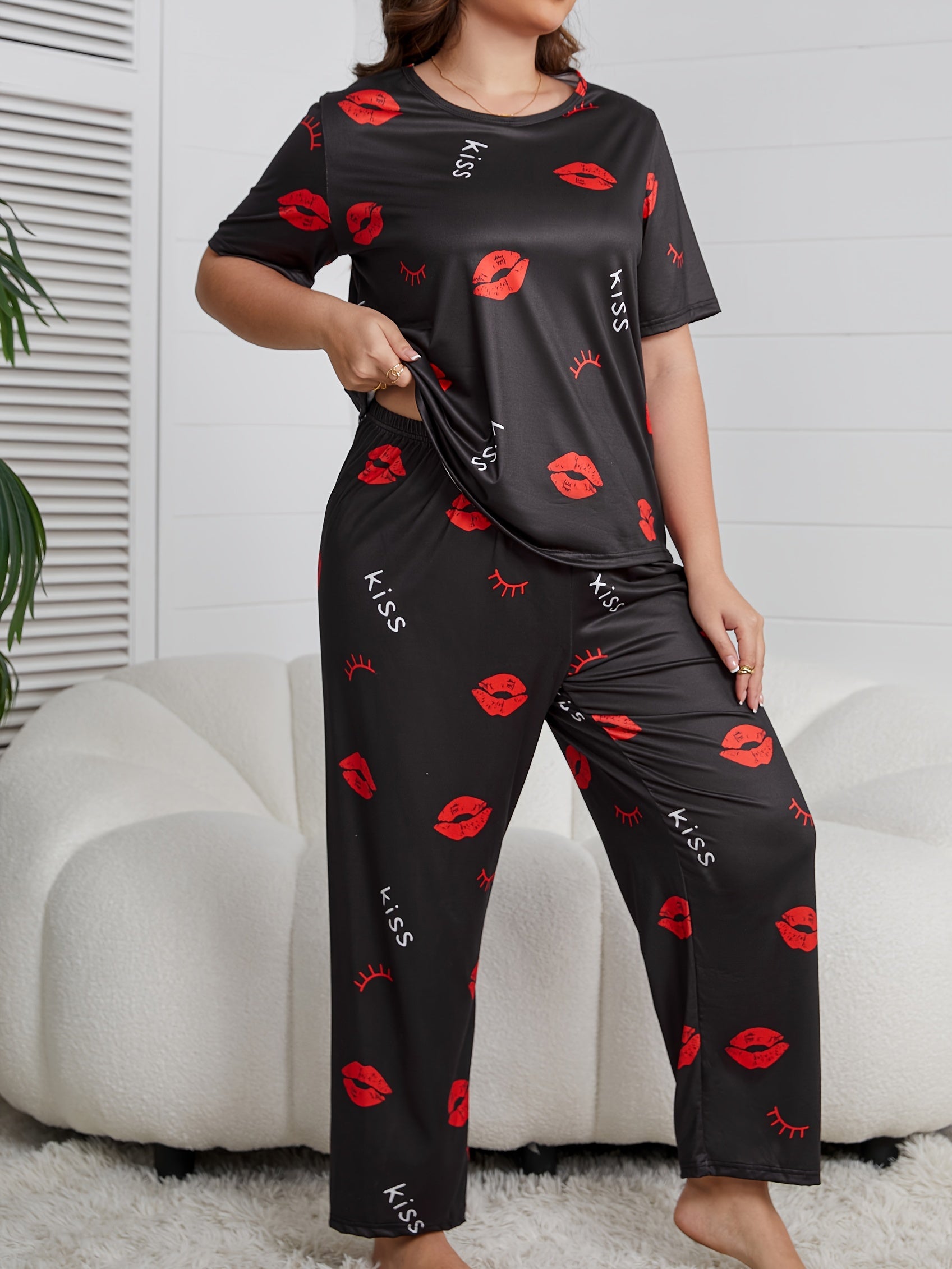 Plus Size Women's Lounge Set Short Sleeve Top and Pants Home Wear