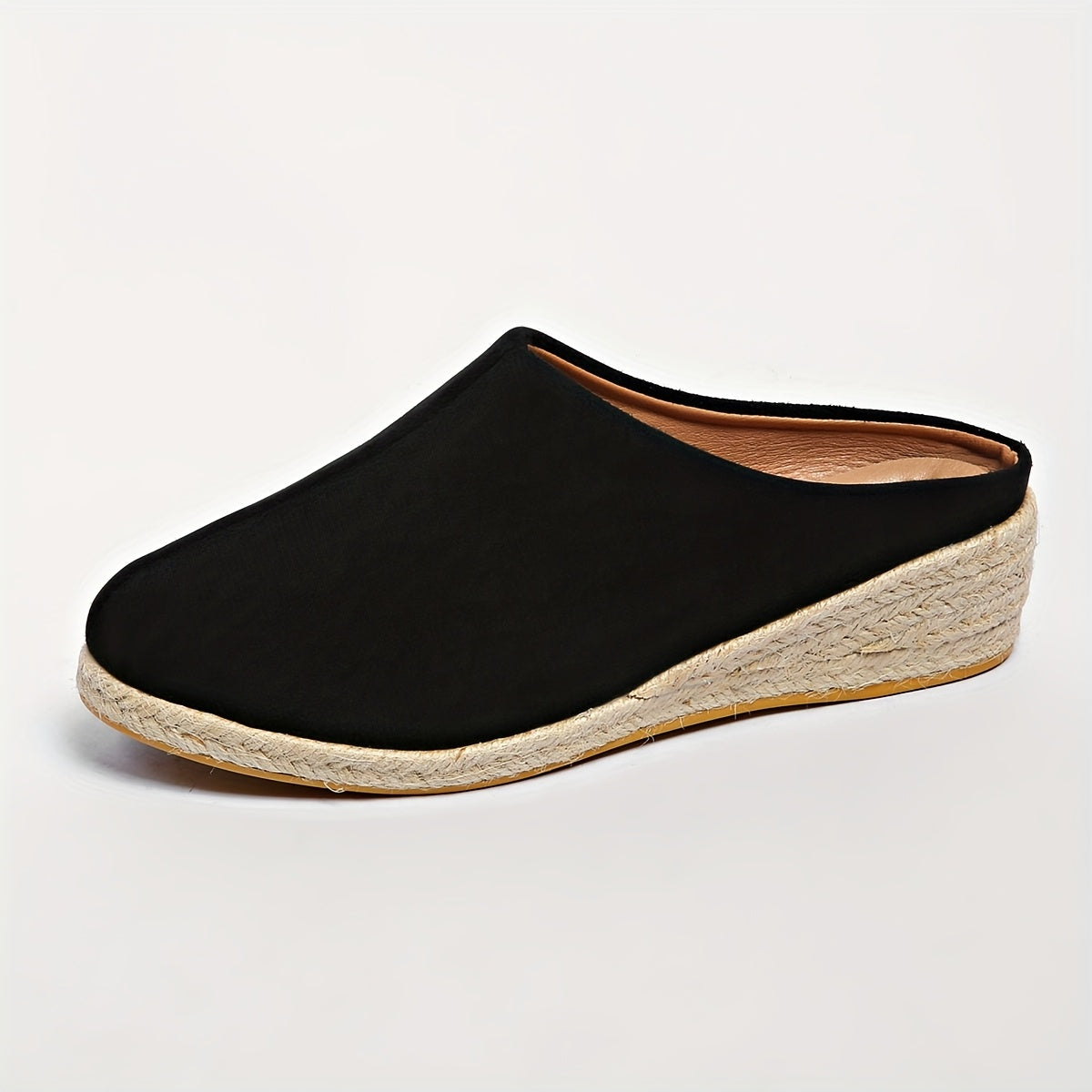 Women's Linen Slip-On Mid-Heel Sandals with Jute Sole Black Beige