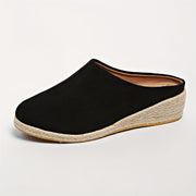 Женские льняные слипоны на среднем каблуке с джутовой подошвой черный бежевый