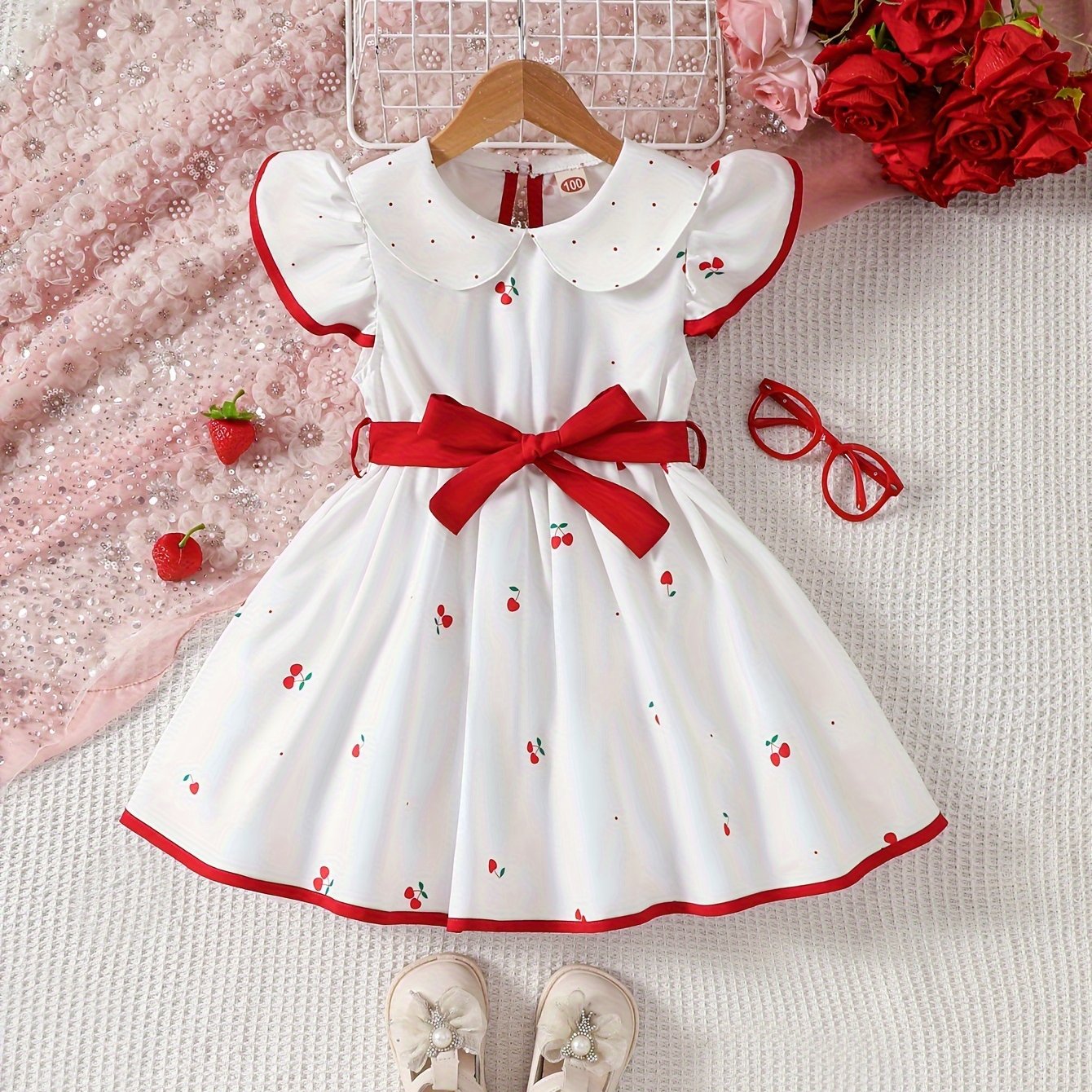 Girls' Summer Dress with Strawberry Print Ruffle Hem Polyester Belt for Children