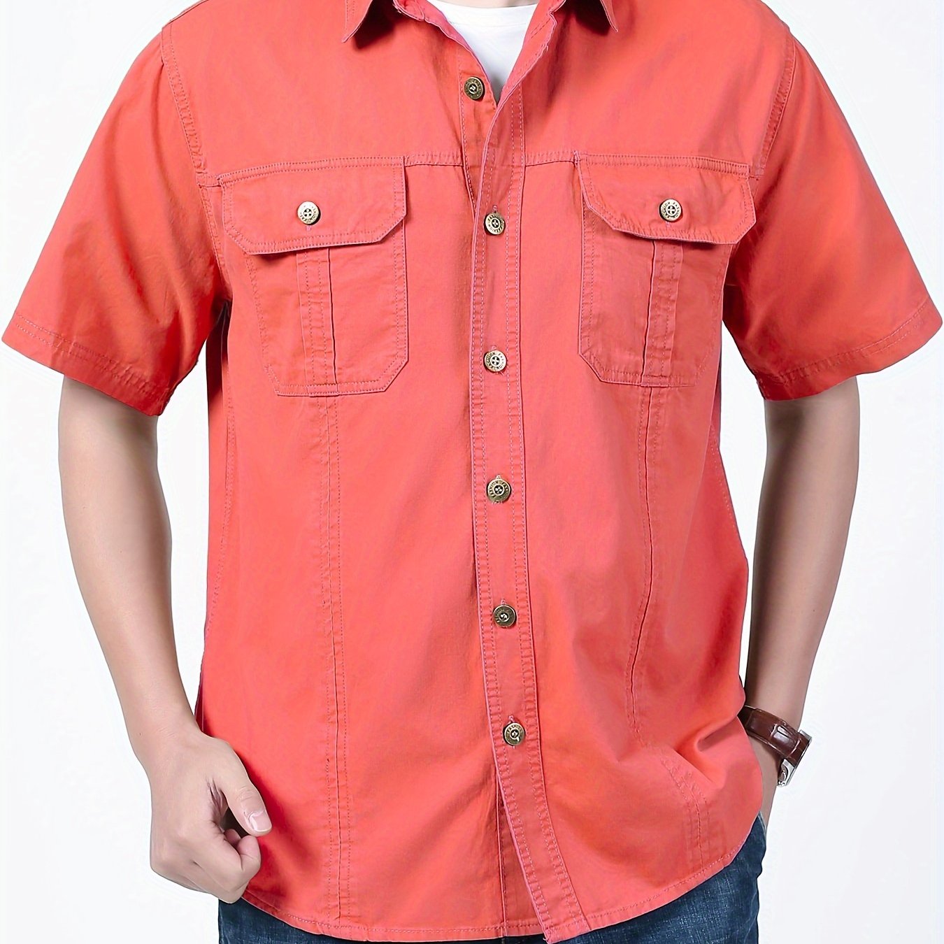 Men's Summer Cotton Short Sleeve Casual Shirt with Pocket Solid Color Regular Fit