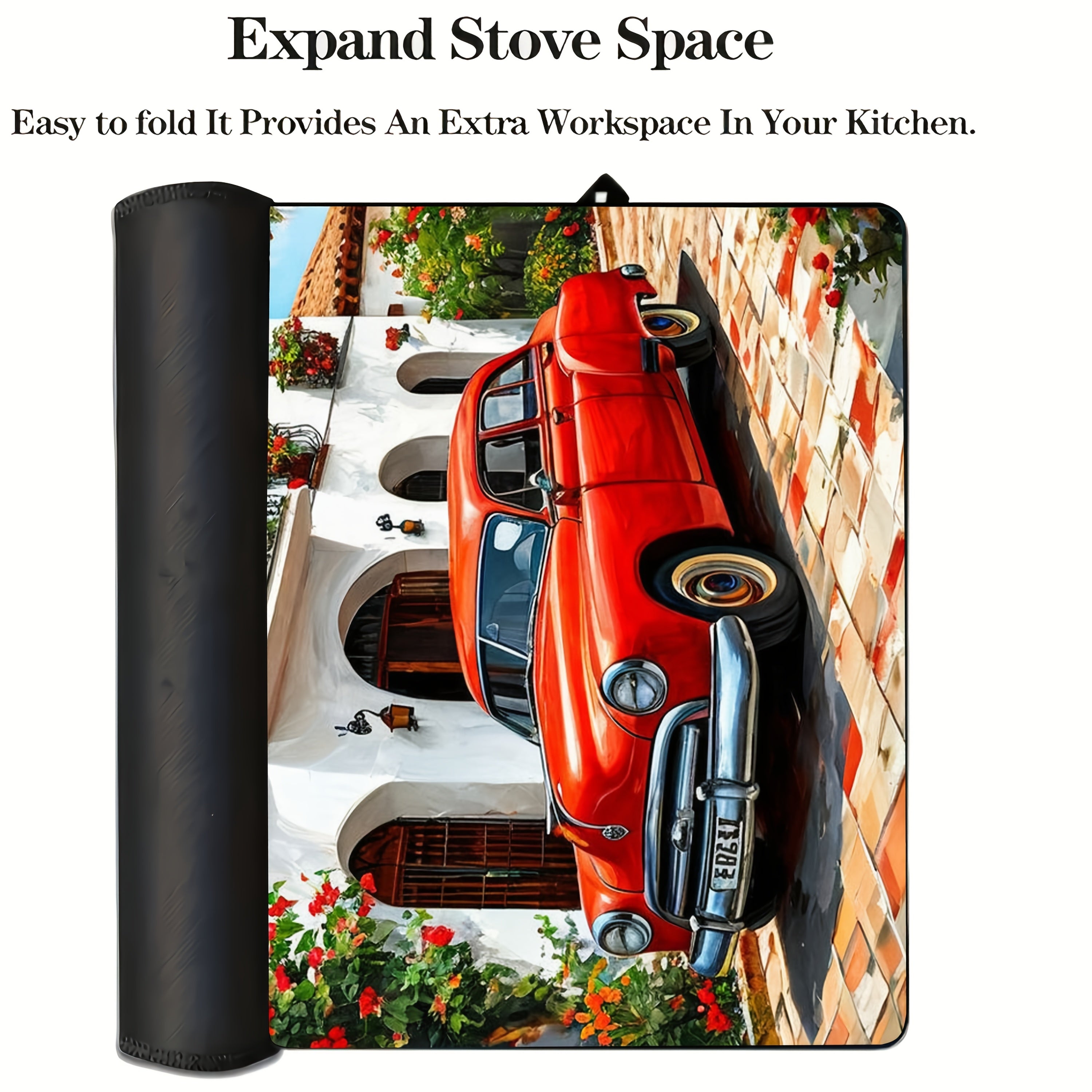 Vintage Red Car and European Scenery Kitchen Mat 72cm x 52cm Heat-Resistant Rubber Protector