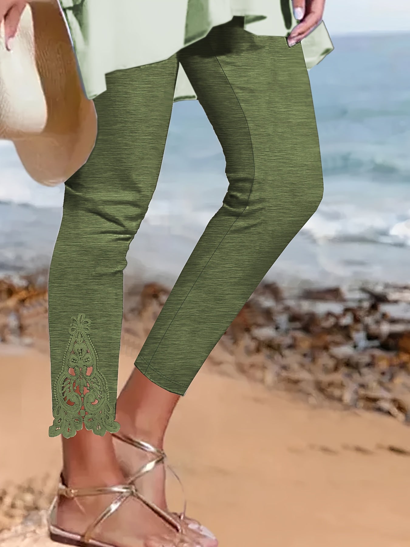 Women's Plus Size Skinny Pants All-Season Knit Contrast Lace Solid