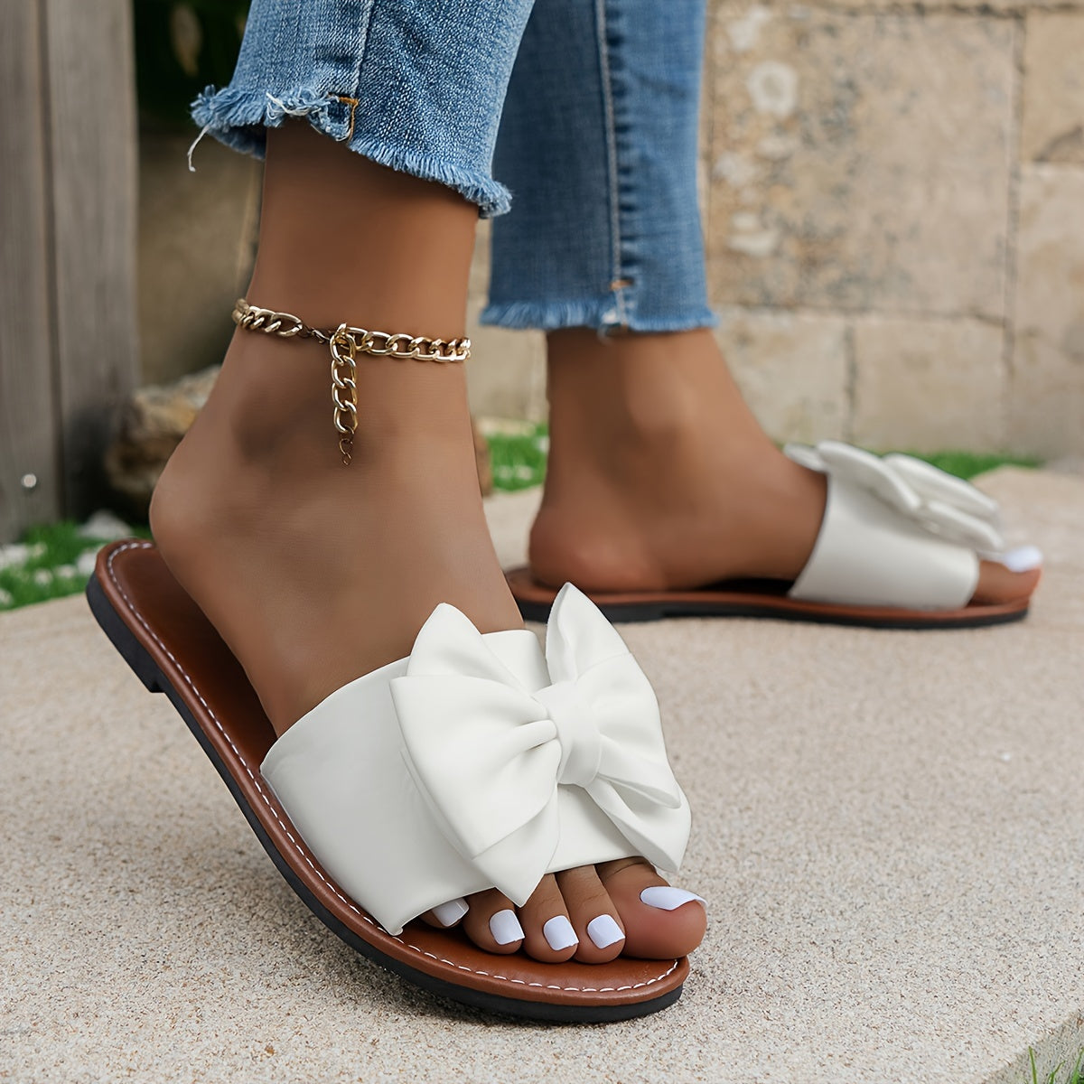 Women’s White Faux Cover Bowknot Slide Sandals Open Toe Flat Summer Shoes