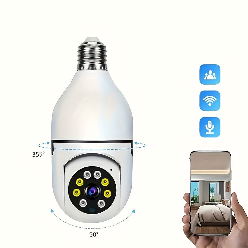 WiFi Light Bulb Security Camera 360° Pan/Tilt Two-Way Audio Cloud SD Storage White
