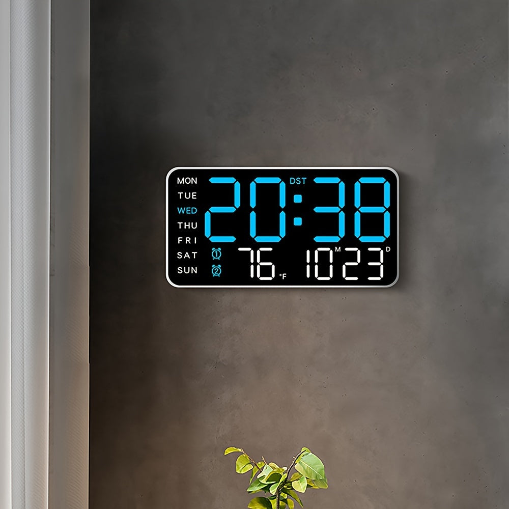 Large Digital Wall Clock with Calendar Temperature Voice Activation Adjustable Brightness and Chime in White Plastic