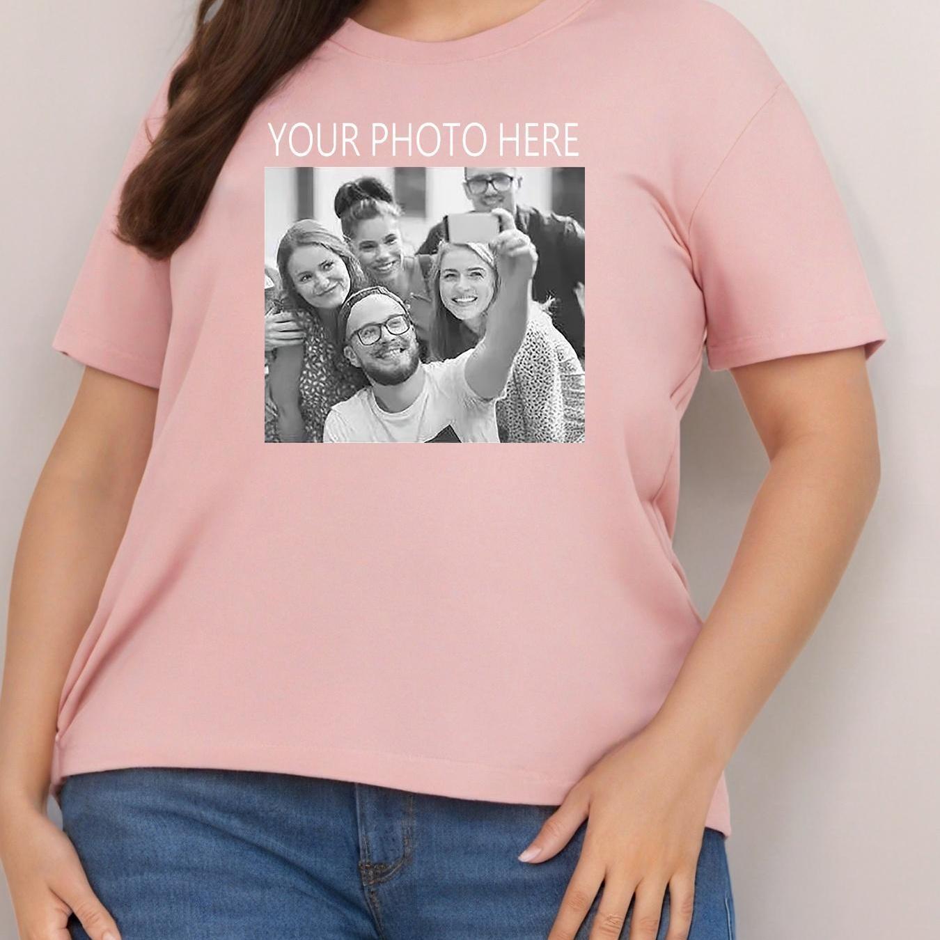 Plus Size Women's Cotton T-Shirt Short Sleeve Custom Photo Black Casual Top