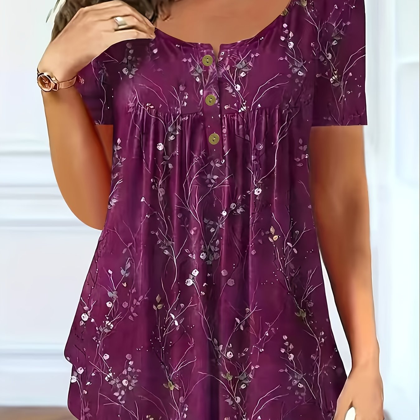 Plus Size Women's Floral Print Blouse Short Sleeve Summer Breathable Fabric