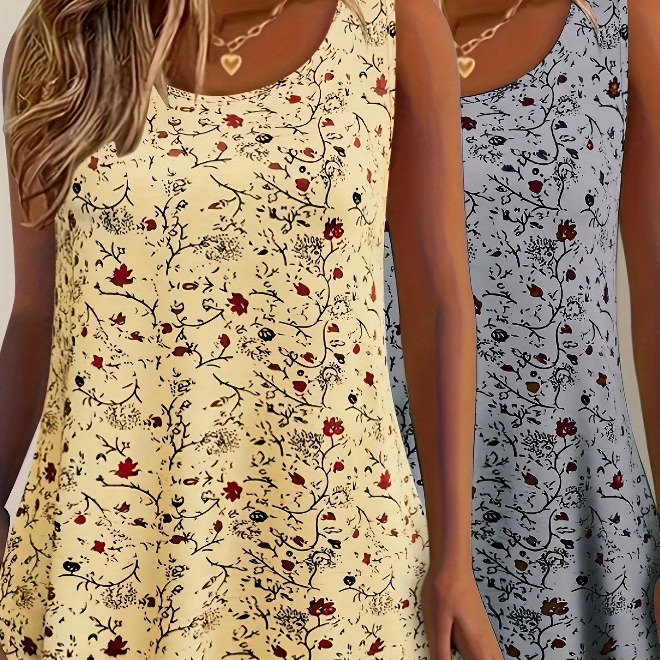Women’s Floral Print Tank Tops 2 Pack Stretchy Polyester Summer Vests Red Blue