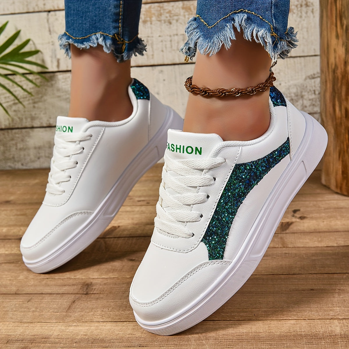 Women's Glitter Lace-Up Sneakers, Lightweight Soft Sole Skate Shoes