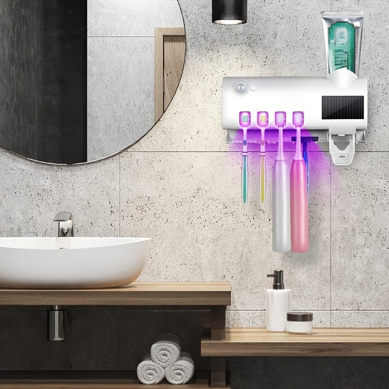 Wall-Mounted Toothbrush Holder with 4 Slots and Smart Toothpaste Dispenser USB Rechargeable No Drilling