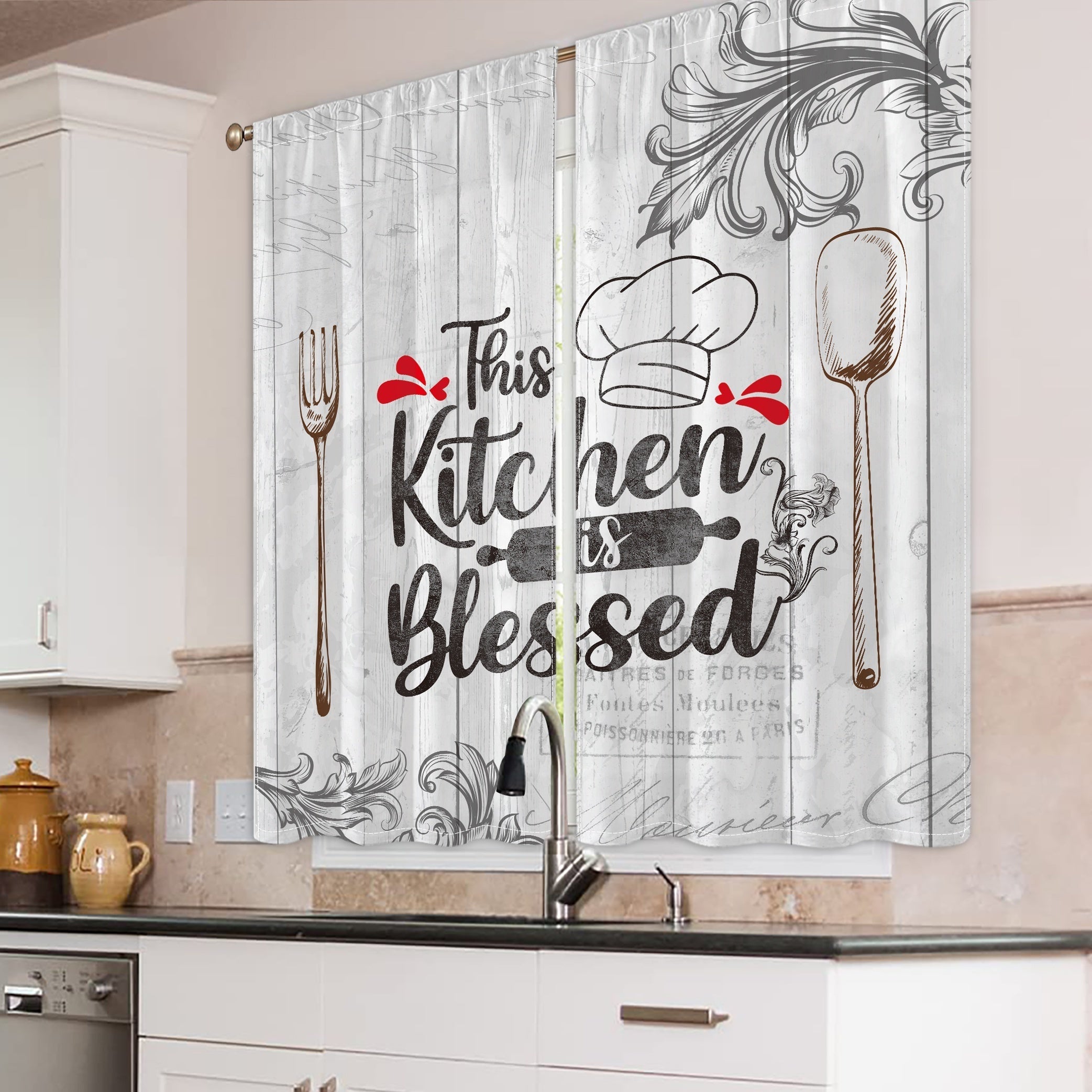 Vintage Kitchen Blessing Words Half Blackout Curtains Set of 2 for Home Decor