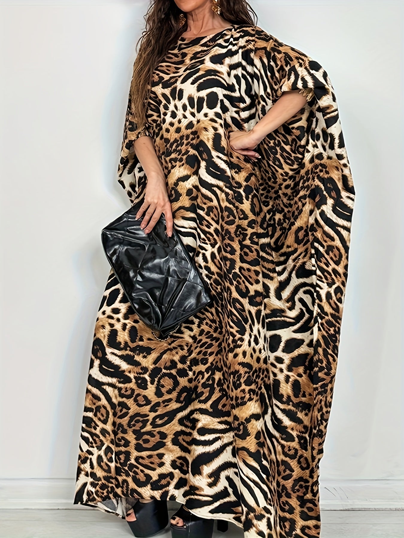 Women's Leopard Print Abaya Robe Long Sleeve Caftan Evening Wear