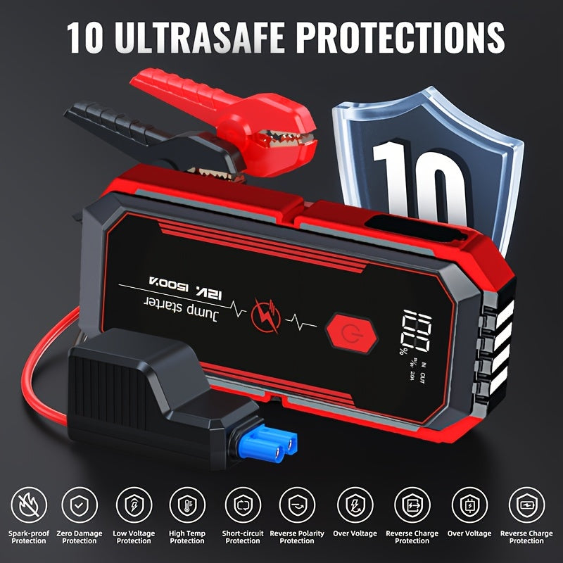 2500A Portable Car Jump Starter with Fast Charging LED Light USB QC3.0 for Up to 8L Gas and 7L Diesel Engines