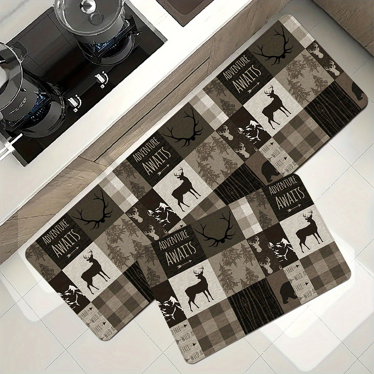 Forest Fawn Pattern Kitchen Rug Anti-Fatigue Floor Mat Boho Design Absorbent Entryway
