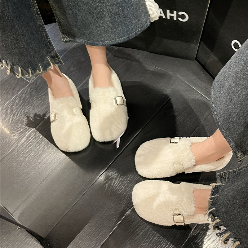 Women's Black Corduroy Loafers with Thick Sole and Metal Buckle