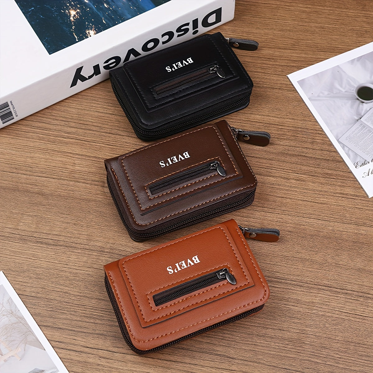 Men's PU Leather Wallet with Card Slots Zipper Coin Pocket Solid Color