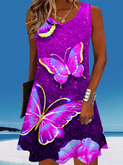 Plus Size Women's Sleeveless Sports Dress Vibrant Purple Butterfly Print