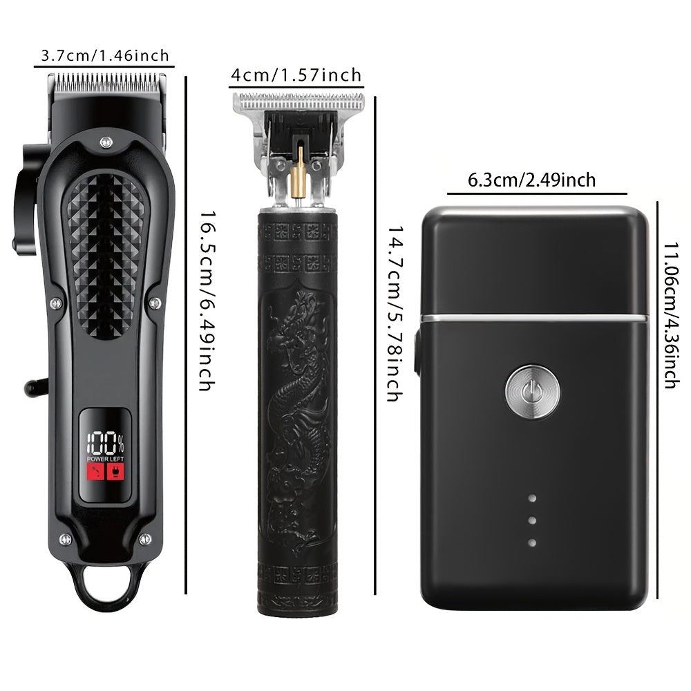 3-piece Men's Grooming Kit with Electric Shaver USB Powered LCD Display Wireless Hair Clipper Perfect Father's Day Gift