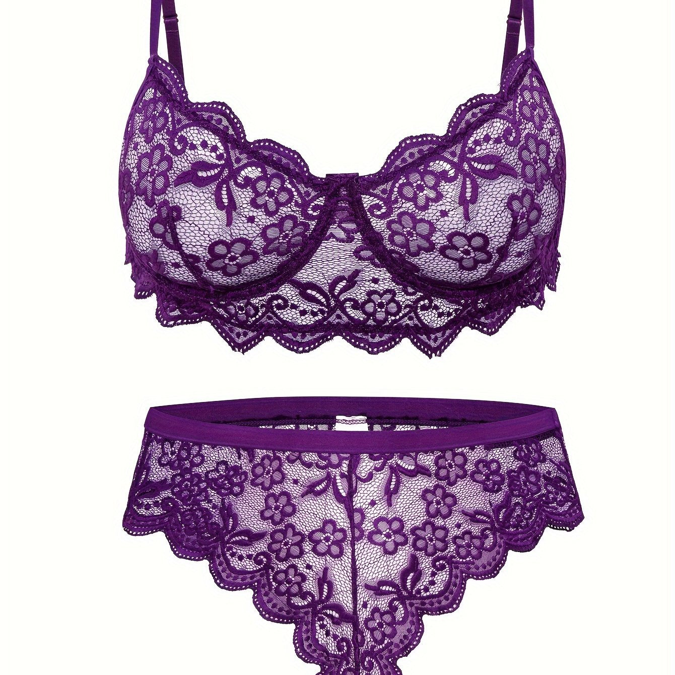 Plus Size Lace Lingerie Set Floral Semi Sheer Bra and Panty