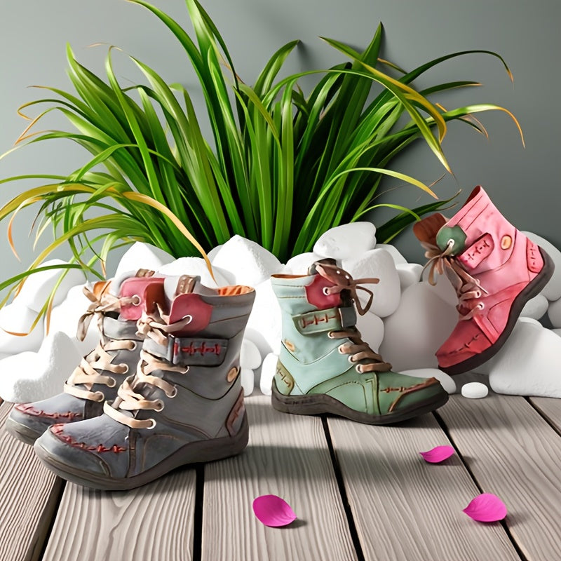 Women's Fleece-Lined Winter Ankle Boots with Lace-Up Flat Heel