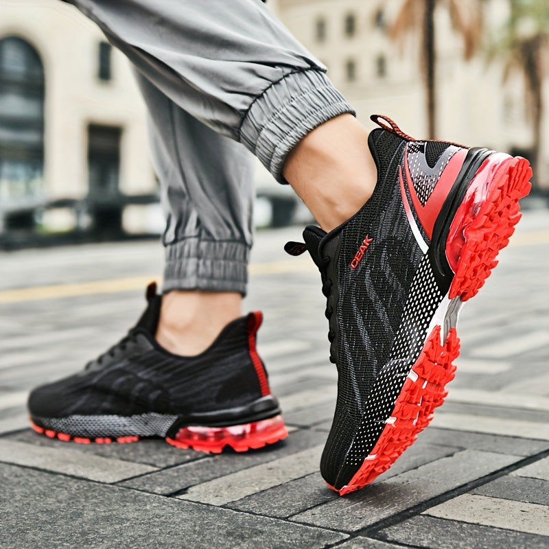 Usmonli qora va qizil erkaklar uchun plus o'lchamdagi sport yugurish poyafzallari, nafas oladigan to'qilgan yuqori qismi, mustahkam EVA/TPR tagligi va ochiq havoda, tasodifiy va yugurish faoliyatlari uchun qulay bog'ichli dizayni bilan.