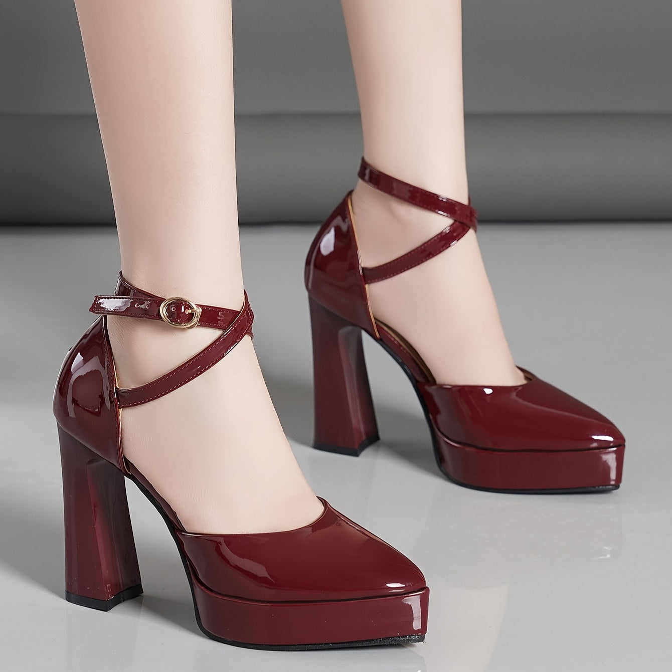 Women's Red Block Heel Pumps with Golden Buckle Strap for Fall High Heels