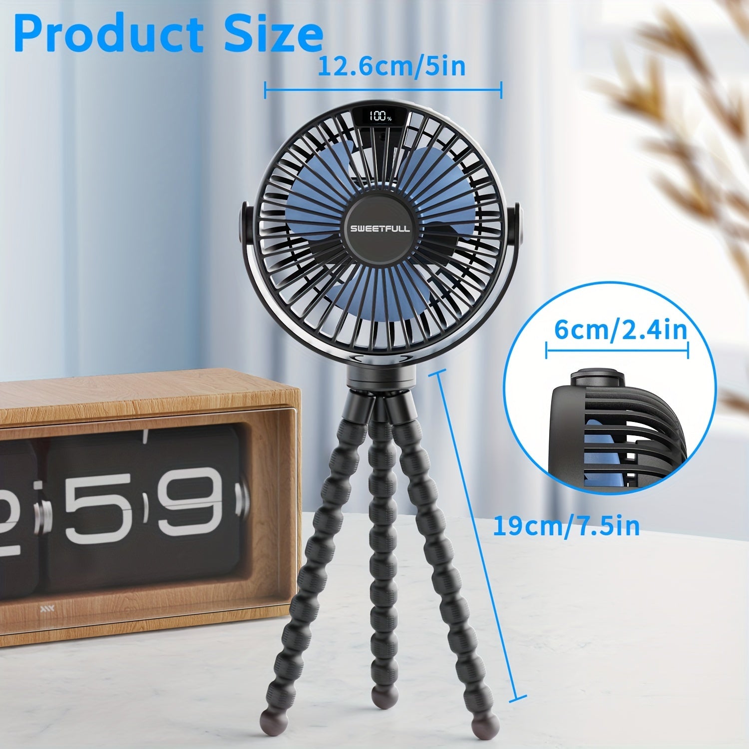 SWEETFULL Портативный вентилятор для коляски с LED-дисплеем, мини-вентилятор с 4 скоростями и перезаряжаемой батареей для личного охлаждения в пути.