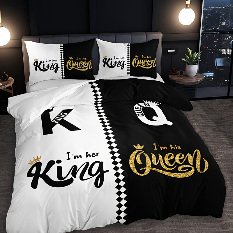 Black and Grey Duvet Cover Set with Crown Lettering Design Includes 1 Duvet Cover and 2 Pillowcases