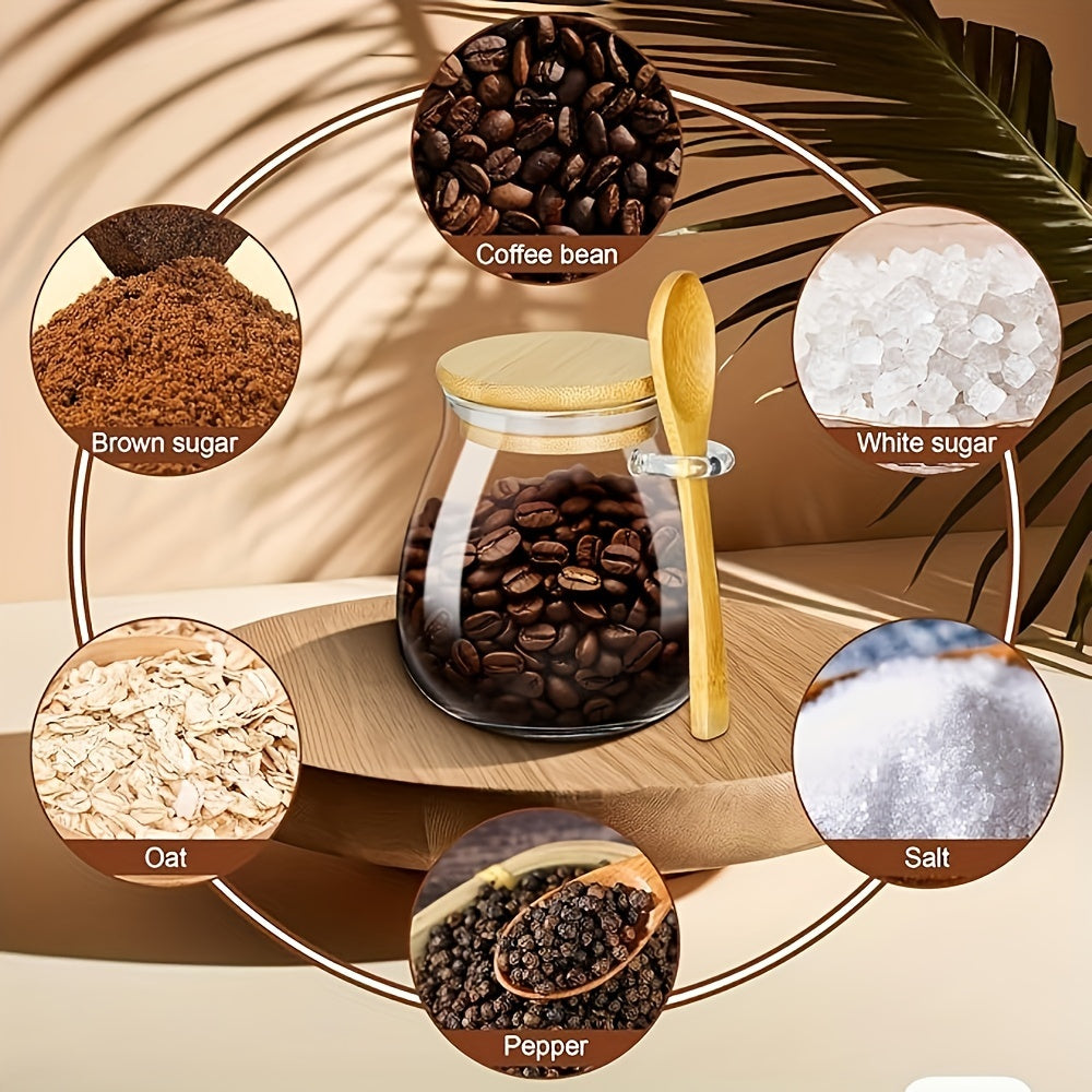 Tarro de vidrio para té con tapa de madera y cuchara, 350 ml, almacenamiento para hojas de té sueltas