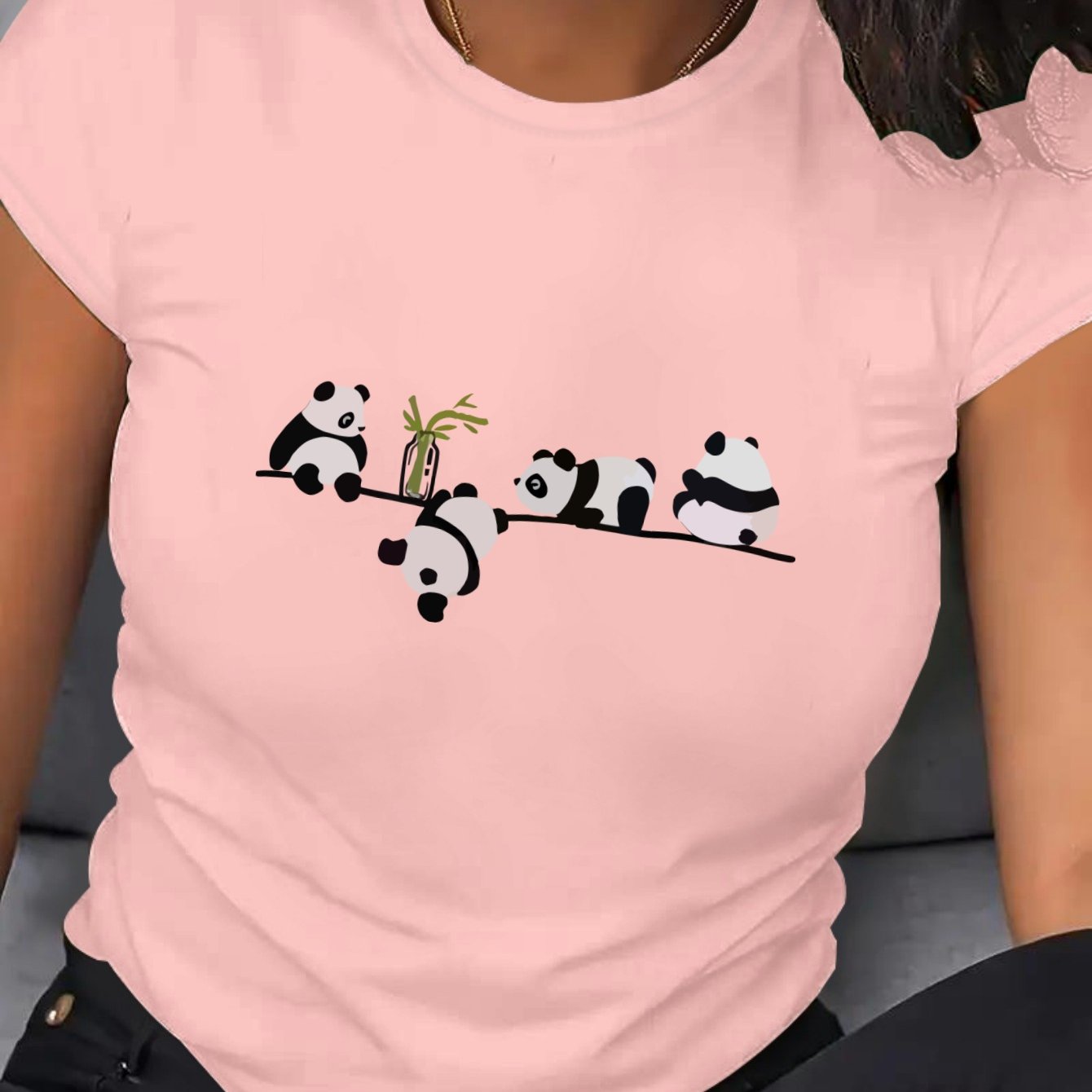 Camiseta casual de poliéster para mujer talla grande con estampado de panda para todas las estaciones