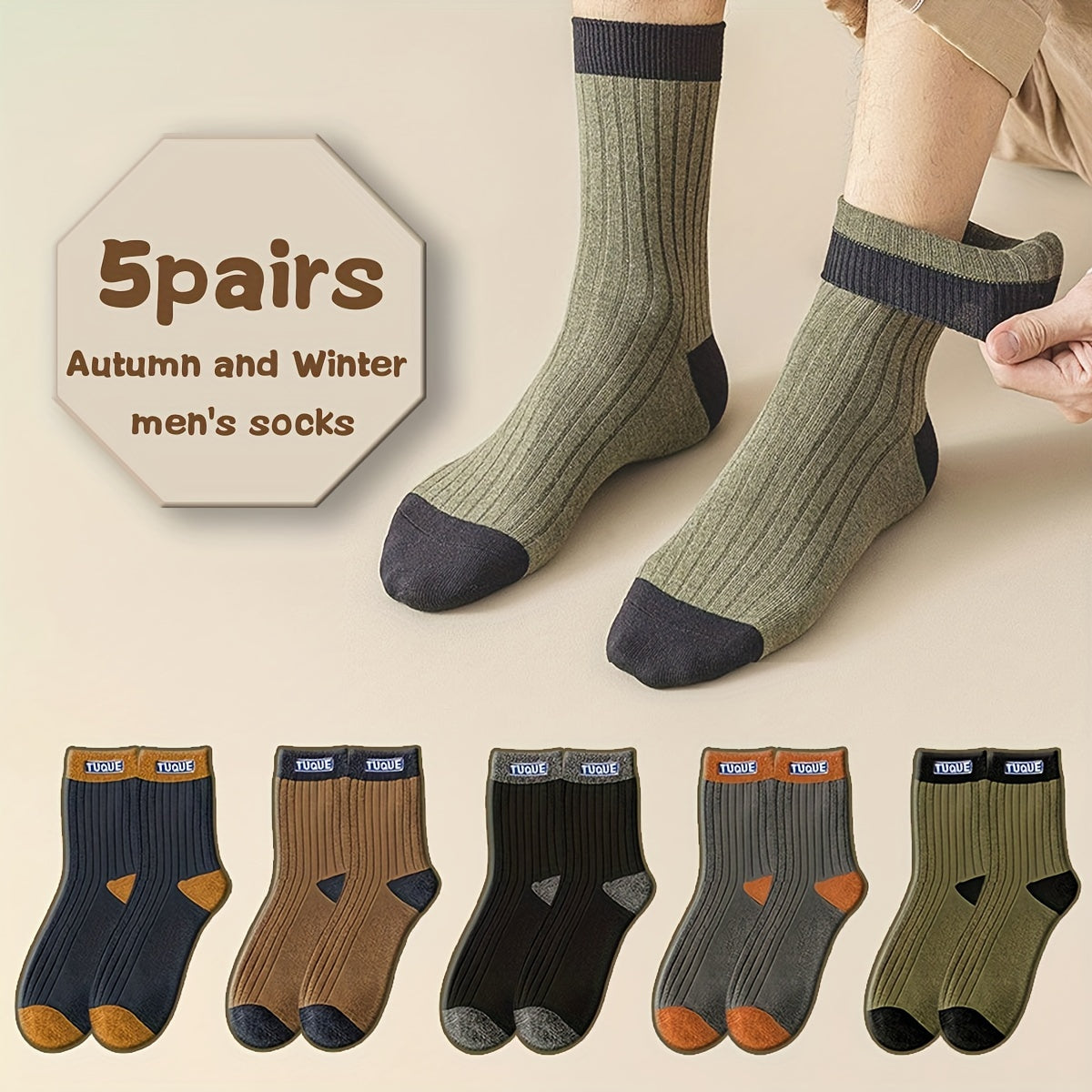 Men's Thick Mid-Calf Socks Pack of 5 Moisture-Wicking Anti-Odor Fall Winter