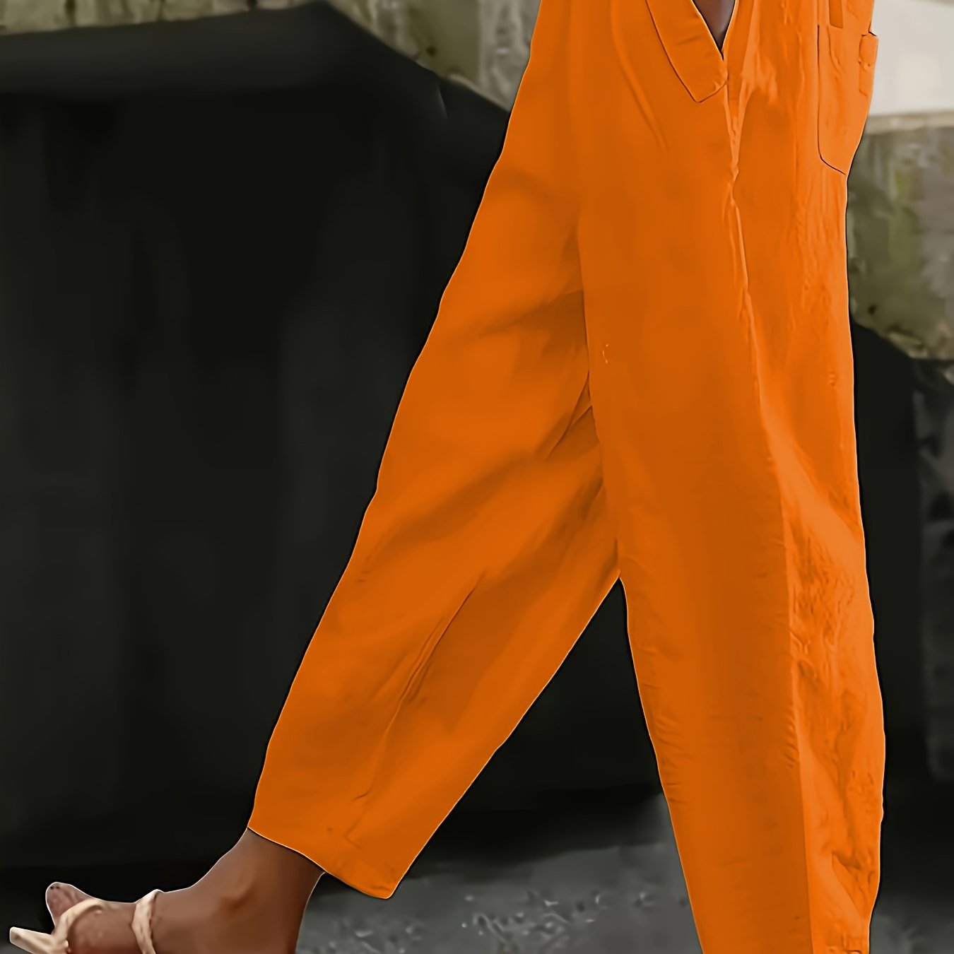 Pantalones casual de talla grande para mujer con cintura elástica y bolsillos, color sólido, pierna ancha