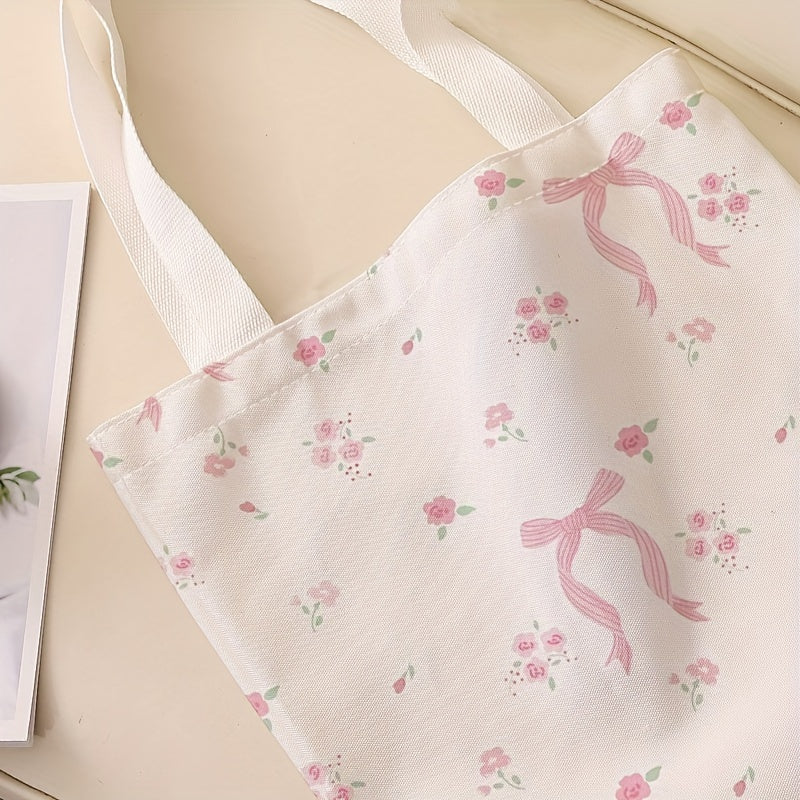 Pink Floral Tote Bag with Bow Reusable Canvas Shoulder Bag for Shopping and Daily Use