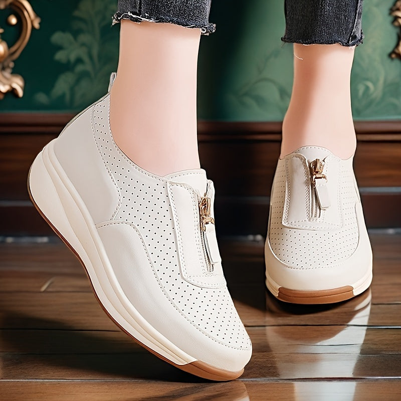 Women's Beige Perforated Casual Sneakers with Zipper, Thick Sole and Anti-Slip