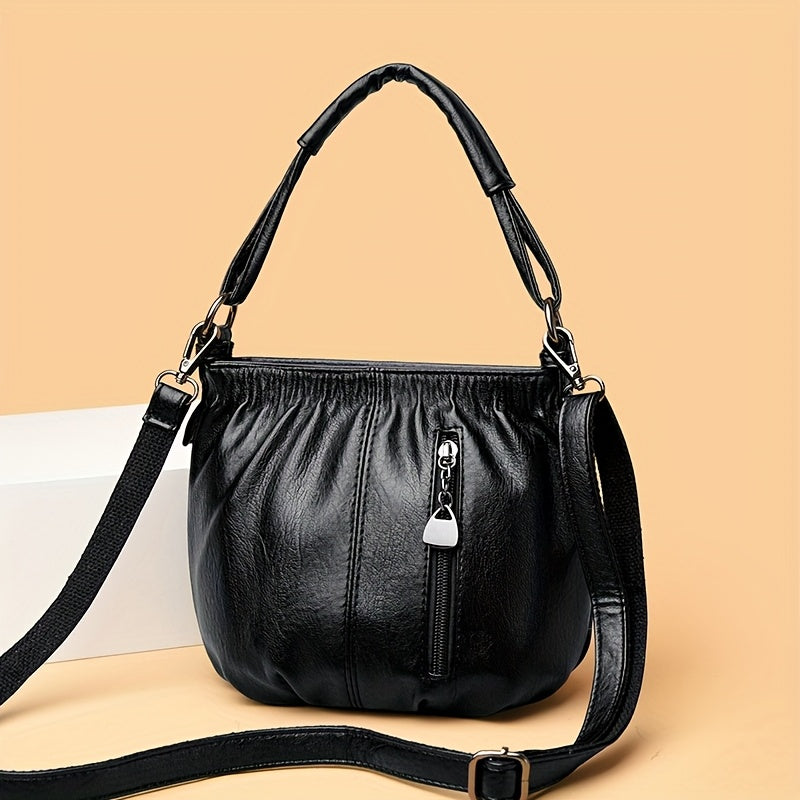 Bolso bandolera vintage para mujer, bolso pequeño de estilo cubo en cuero con correa ajustable en negro, burdeos y marrón