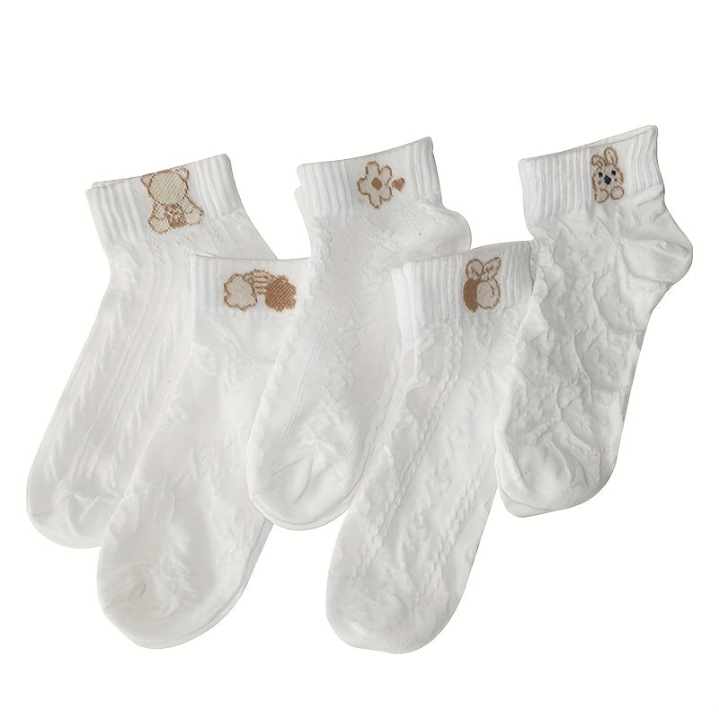 Pack de 5 calcetines cortos blancos de verano para mujer, calcetines de tobillo de punto para uso casual
