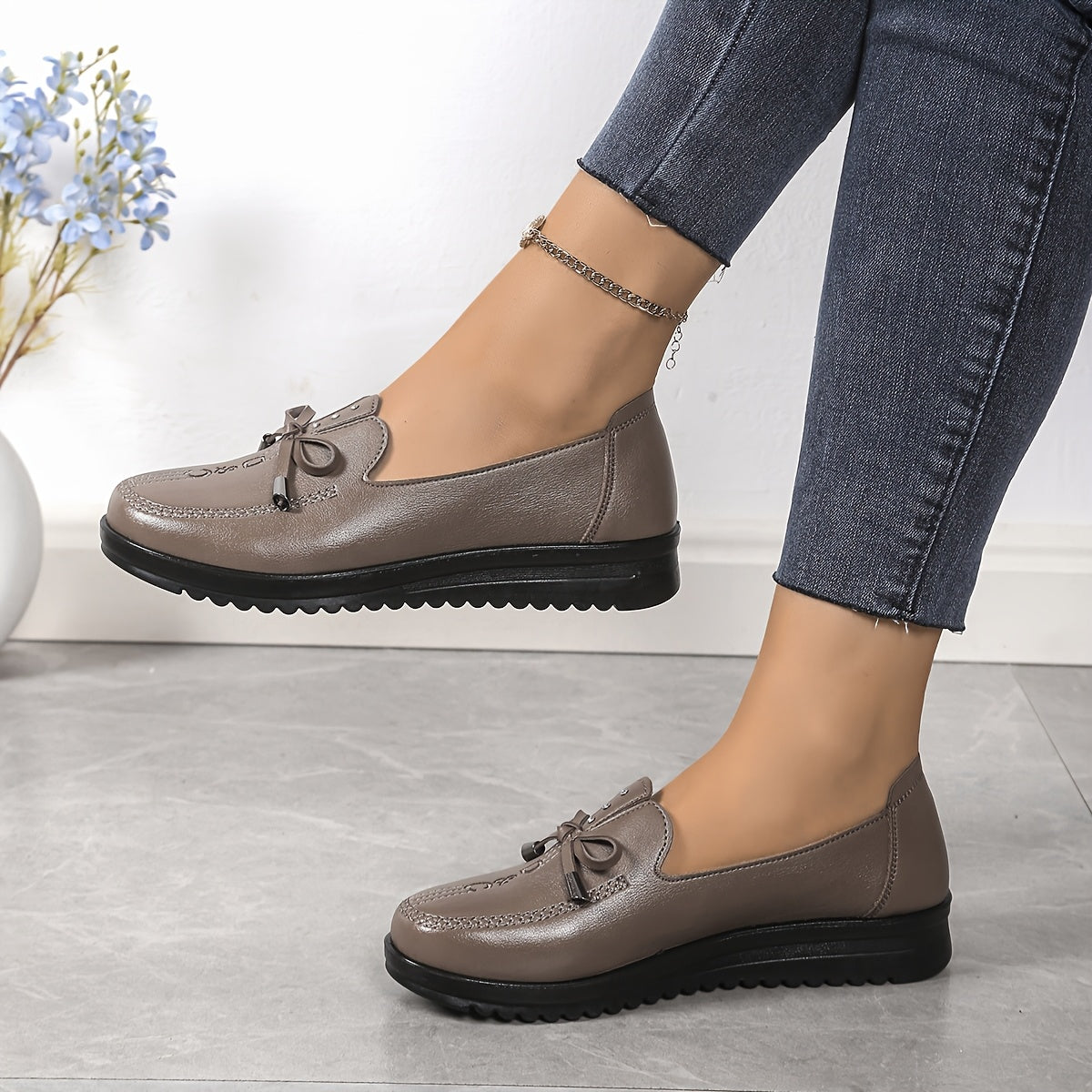 Women's Slip-On Flats Burgundy PU Casual Shoes Cushioned Insole