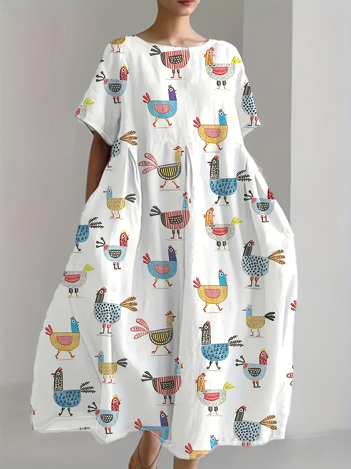 Ayollar uchun katta o'lchamdagi paxta maxi kiyi, cho'ntaklar bilan, hayvonot bosimi, yozgi uslub