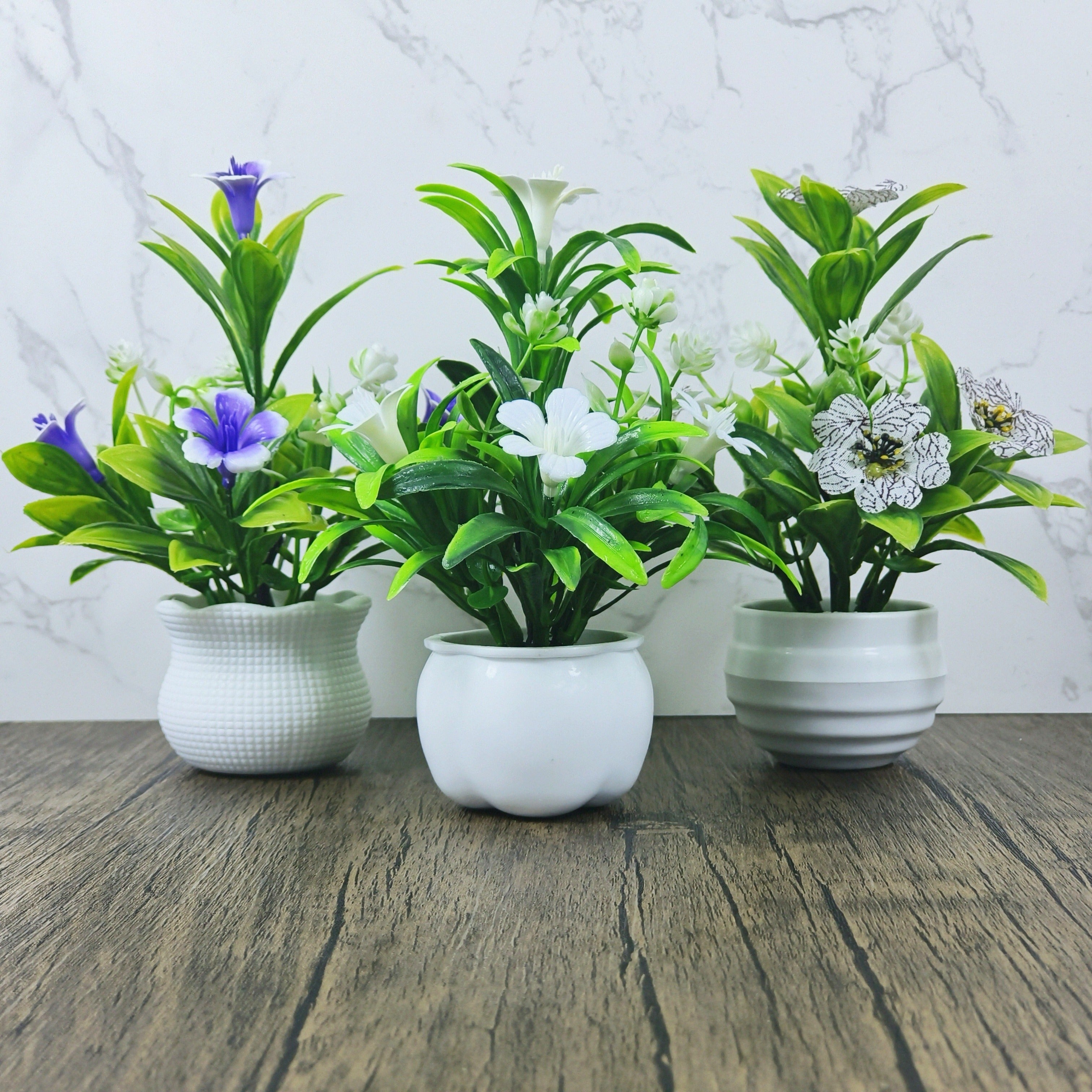 Set of 3 Mini Artificial Potted Plants White Pots Home Decor Office Tabletop Indoor