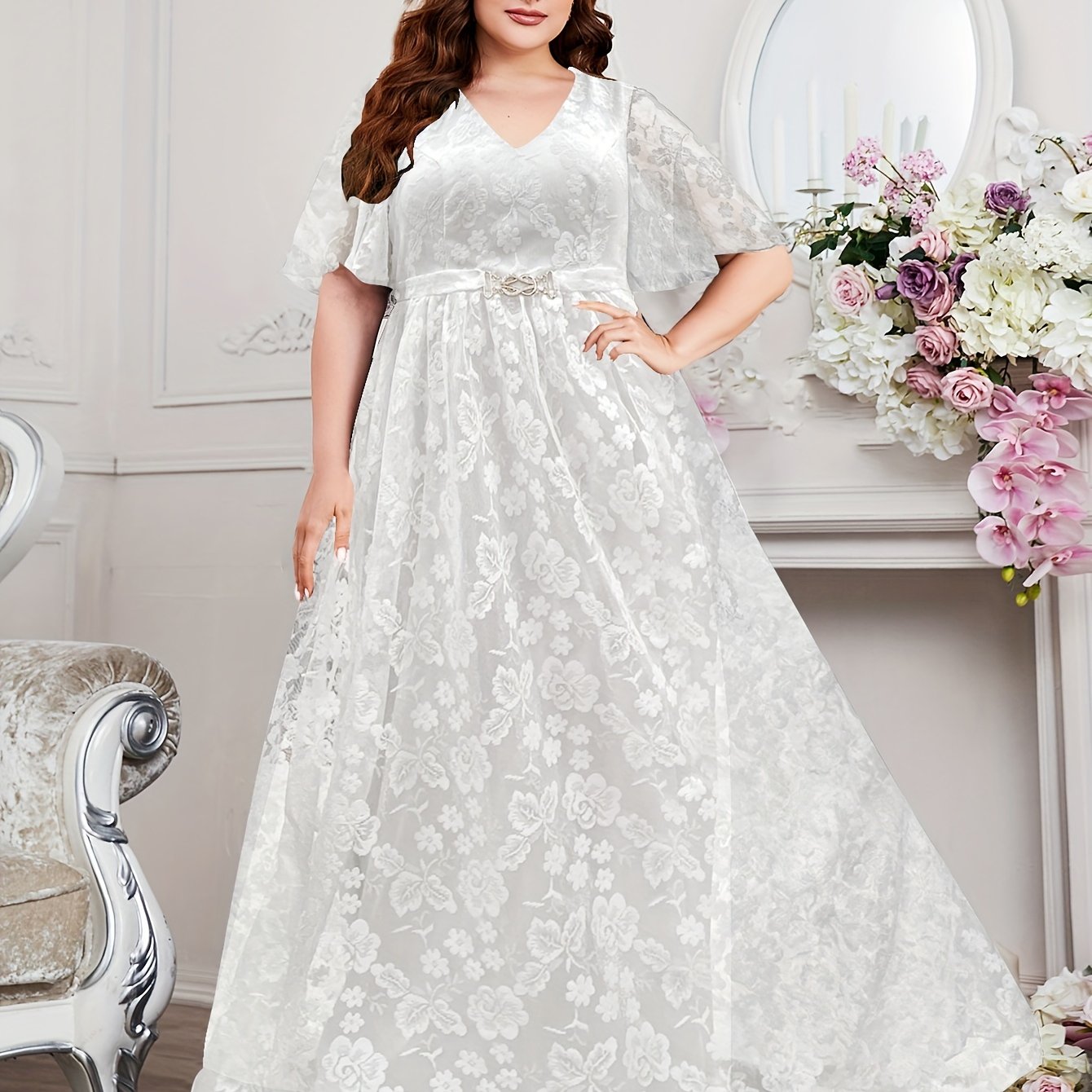 Women's Plus Size Floral Lace Swing Maxi Dress V Neck Flutter Sleeve Party Wear