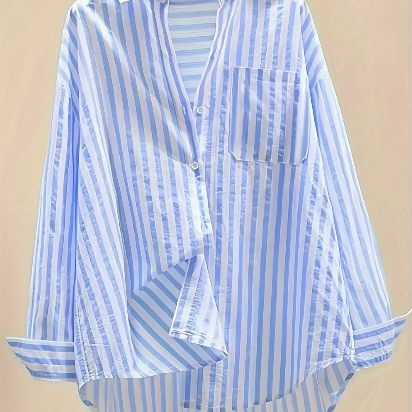 Women's Blue and White Striped Long Sleeve Button-Up Shirt with Collar
